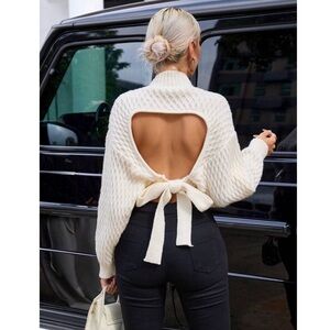 Cable Knit Backless Tie Long Sleeve Sweater